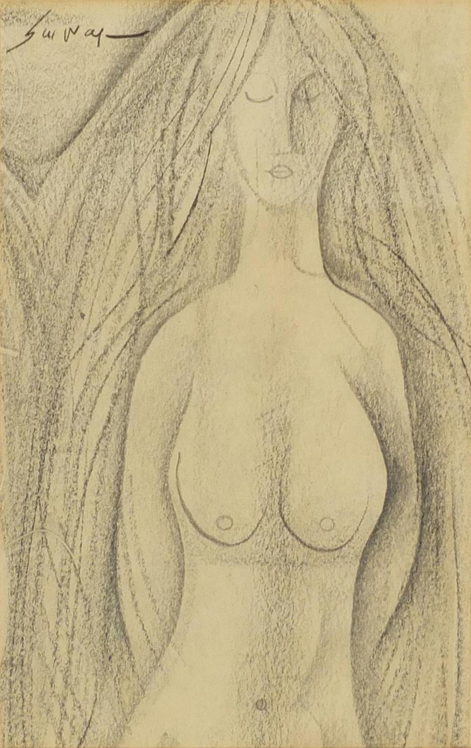 Surreal nude female top half portrait, pencil and chalk on paper, framed, 24cm x 15.5cm : For
