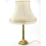 Green onyx and gilt metal table lamp with silk lined cream shade, 84cm high : For Further