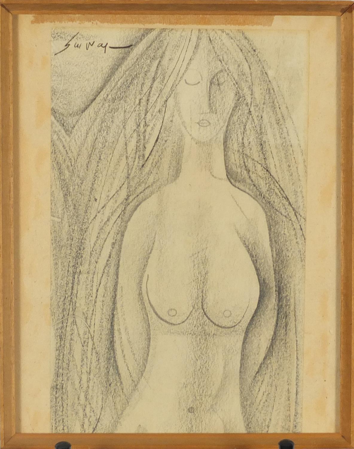 Surreal nude female top half portrait, pencil and chalk on paper, framed, 24cm x 15.5cm : For - Image 2 of 4