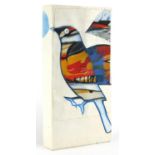 Jim M Sanders '08 - Stylised bird, oil and canvas on wood block, inscribed verso, 33cm x 16.5cm :