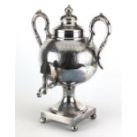 Silver plated samovar with twin handles on ball feet, 38.5cm high : For Further Condition Reports