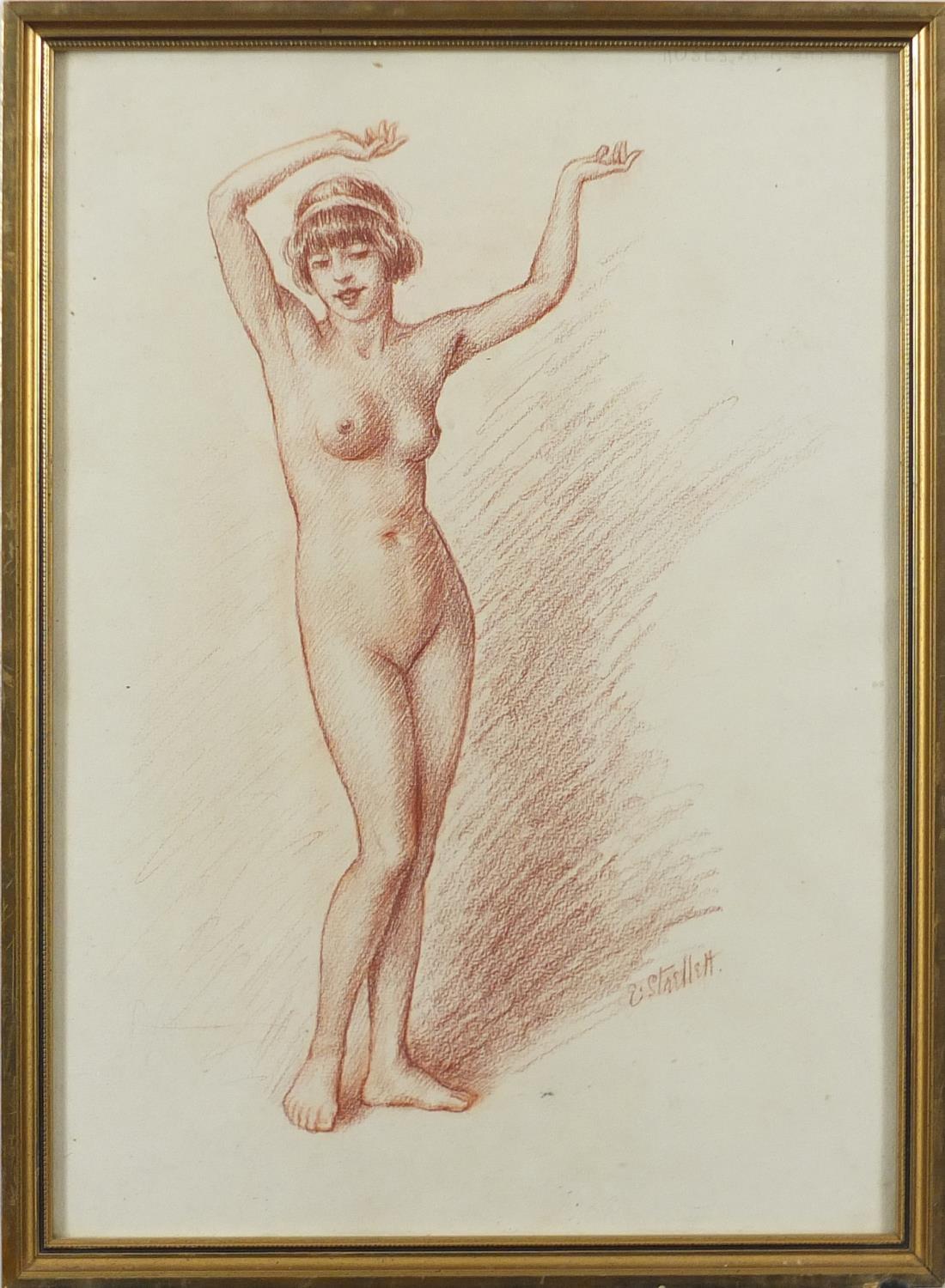 Ephrail Strellett - Standing nude female, Sanguine chalk drawing on paper, framed, 37cm x 27cm : For - Image 2 of 4
