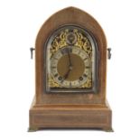 Edwardian mahogany Lancet bracket clock striking on two gongs with twin handles, the silvered