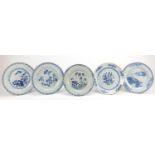 Five Chinese blue and white porcelain plates, one hand painted with a river landscape the other with