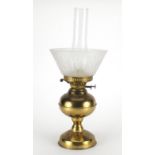 Vintage brass oil lamp with glass funnel and shade etched with maidens and flowers, 48cm high :