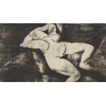 Abstract composition, reclining nude female, limited edition etching, bearing an indistinct