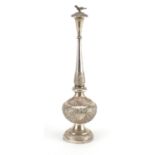 Turkish Ottoman unmarked silver rose water sprinkler, with bird design knop embossed with flowers,