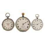 Three silver cased pocket watches including Kay Jones & Co, the largest 4.8cm in diameter : For