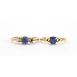 Two unmarked gold rings, set with blue stones and a diamond, approximate weight 3.7g : For Further