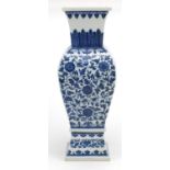 Large Chinese blue and porcelain square section vase, hand painted with flower heads amongst foliate
