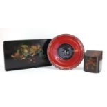 Oriental lacquer including a Japanese tea caddy decorated with birds of paradise and a dragon