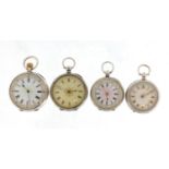 Four ladies silver pocket watches with ornate dials, the largest 4cm in diameter : For Further