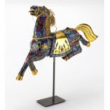 Large Chinese gilt metal and enamel model of a leaping horse, raised on a later stand, overall