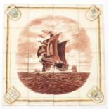 Meissen sixteen tile plaque hand painted with a rigged ship by A Wicht, each tile 15.5cm x 15.