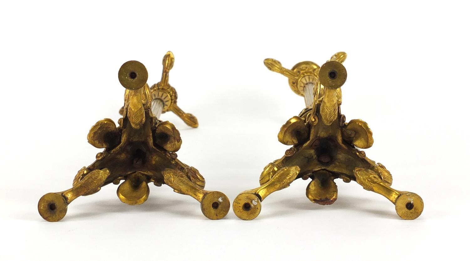 Pair of 19th century ormolu candlesticks with reeded columns, lion masks and claw feet, each 34. - Image 6 of 6