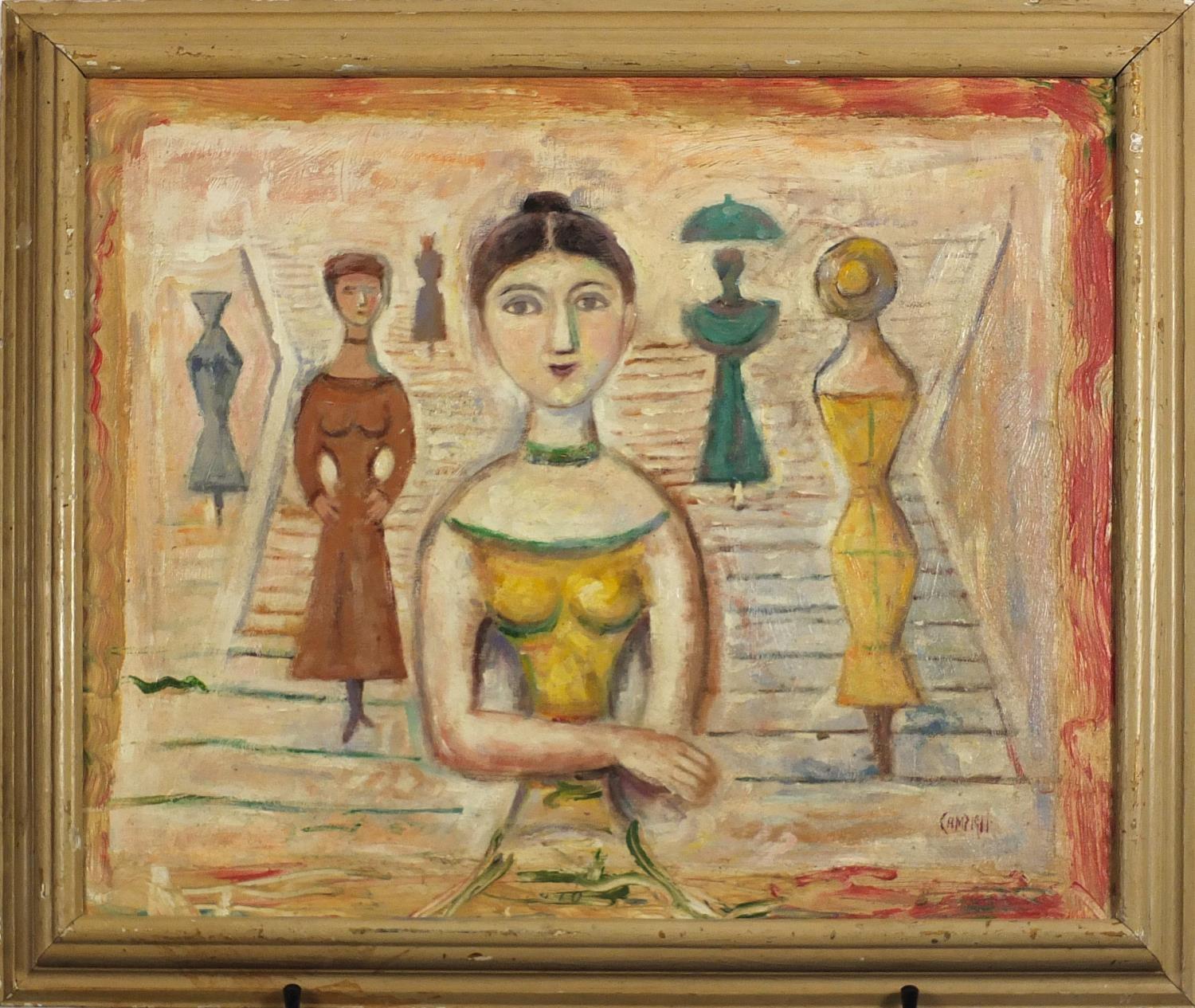 Abstract composition, five figures, Italian school oil on board, bearing a signature Campigi, - Image 2 of 4