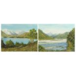 Enid Brook - Two New Zealand mountainous landscapes, two oil on boards, labels verso, mounted and