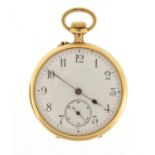 Ladies 18ct gold pocket watch with subsidiary dial, the case numbered 2039832, 3.3cm in diameter,