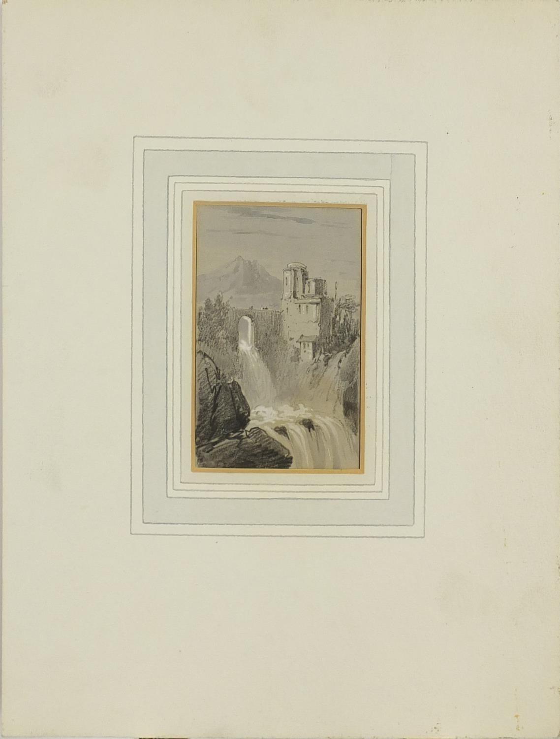 Edward Lear - Castle by a waterfall with a mountain beyond, heightened watercolour and black - Image 2 of 4