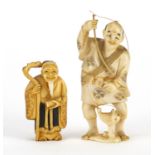 Two Japanese carved ivory okimono's including one of a fisherman, both with character marks to the