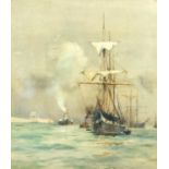 Charles Edward Dickson - Sailing ships, steam ship and other vessels at sea, watercolour, label