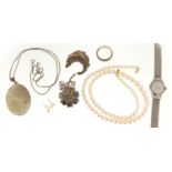 Jewellery including an oval silver locket, pearl necklace with 9ct gold clasp and Movado