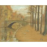 Cityscape with canal, pastel, bearing an indistinct signature, mounted and framed, 26.5cm x 20cm :