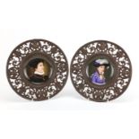 Pair of 19th century continental cabinet plates, each hand painted with a portrait of a young