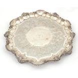 Large circular Georgian silver tray, chased and moulded with acanthus leaves, engraved The gift of