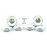 Victorian dessert service comprising five comports and twelve plates, each transfer printed with