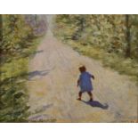 Young child walking up a road, The Great Adventure, oil on canvas laid on board, bearing a