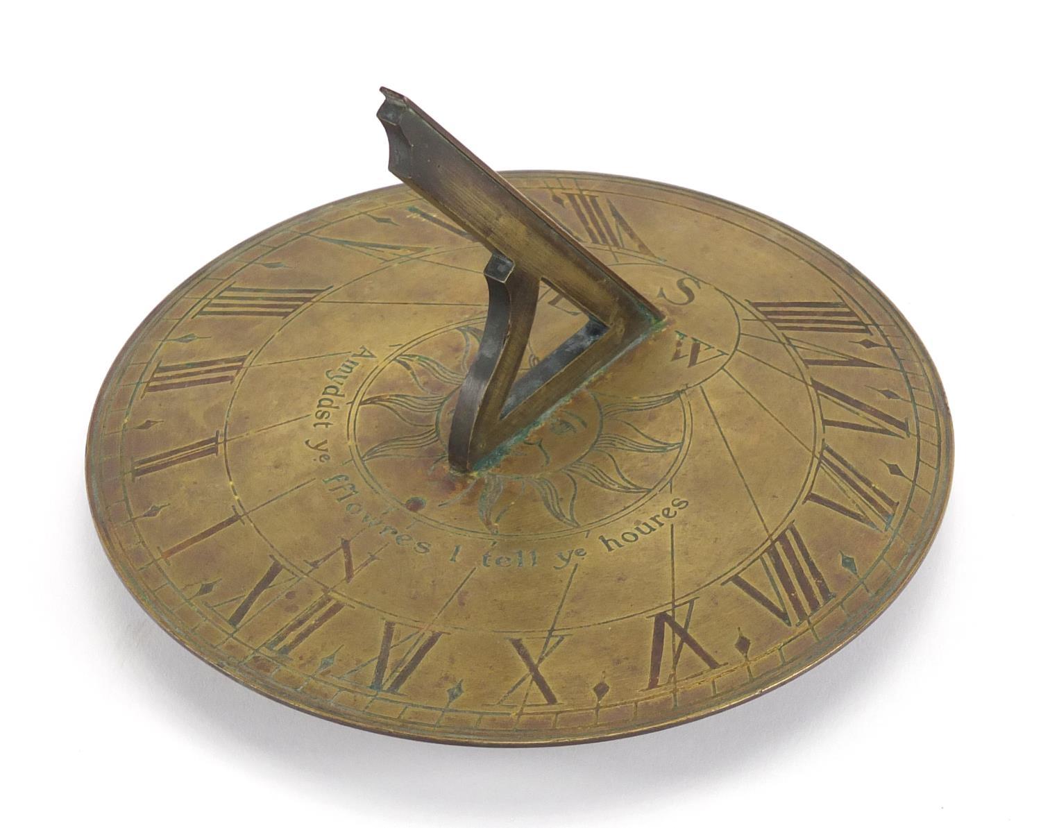 Georgian bronze sundial with Roman numerals, engraved Amyddst Ye Fflowres 1 Tell Ye Houres, 20cm