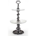 Good Victorian silver plated and frosted glass cake stand, moulded with grapes on vines, 47cm high :