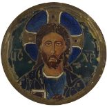 Russian Pan Slavic style Art Nouveau enamel icon on copper of Christmas Pantocrator in the Byzantine