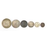 Antique and later mostly British coinage including George V 1928 wreath crown, Queen Anne 1711 six