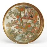 Japanese Satsuma pottery plate, finely hand painted with Geisha's, flowers and birds of paradise,
