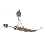 Russian silver and niello work brooch in the form of a dagger and sheath, impressed marks 84, 12cm