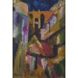 Abstract composition, stylised landscape, oil on board, bearing a signature Bomberg and London