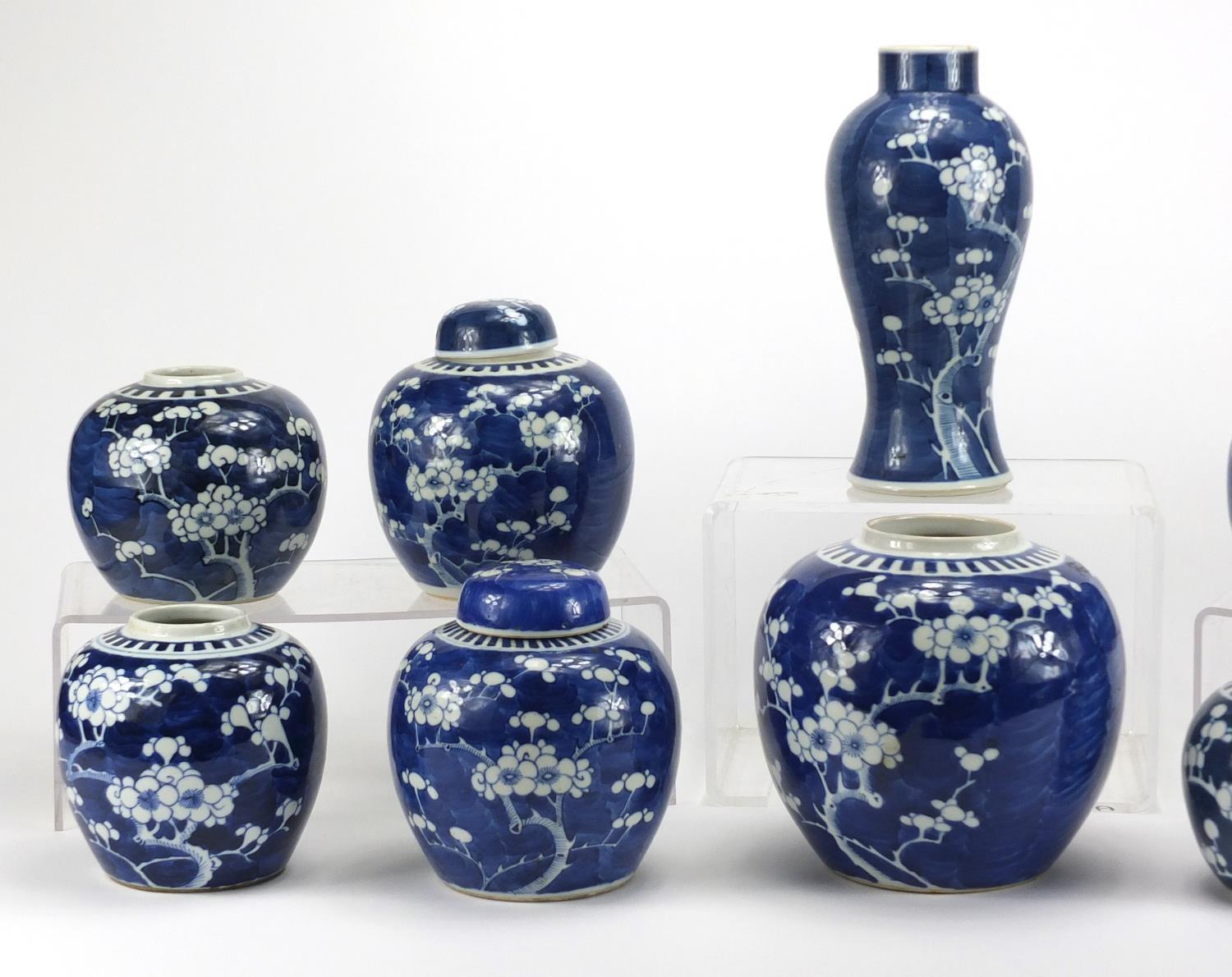 Chinese blue and white porcelain comprising a baluster vase and nine ginger jars, four with - Image 5 of 7