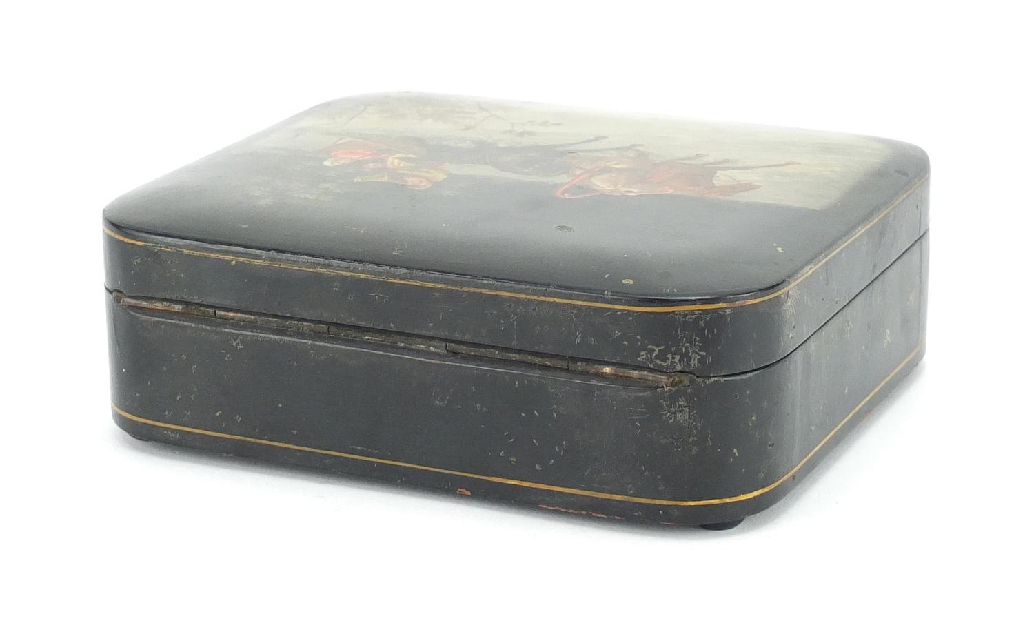 Russian black lacquered box by Fedoskino, the hinged lid hand painted with figures in a sleigh, - Image 6 of 7