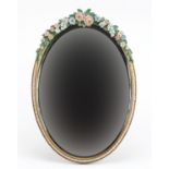 Large barbola easel mirror with bevelled glass, hand painted with flowers, 57cm x 38.5cm : For