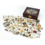 Large selection of costume jewellery brooches and rings, some enamelled and set with semi precious