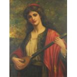 Portrait of a female playing a musical instrument, Pre-Raphaelite school oil on board, bearing a