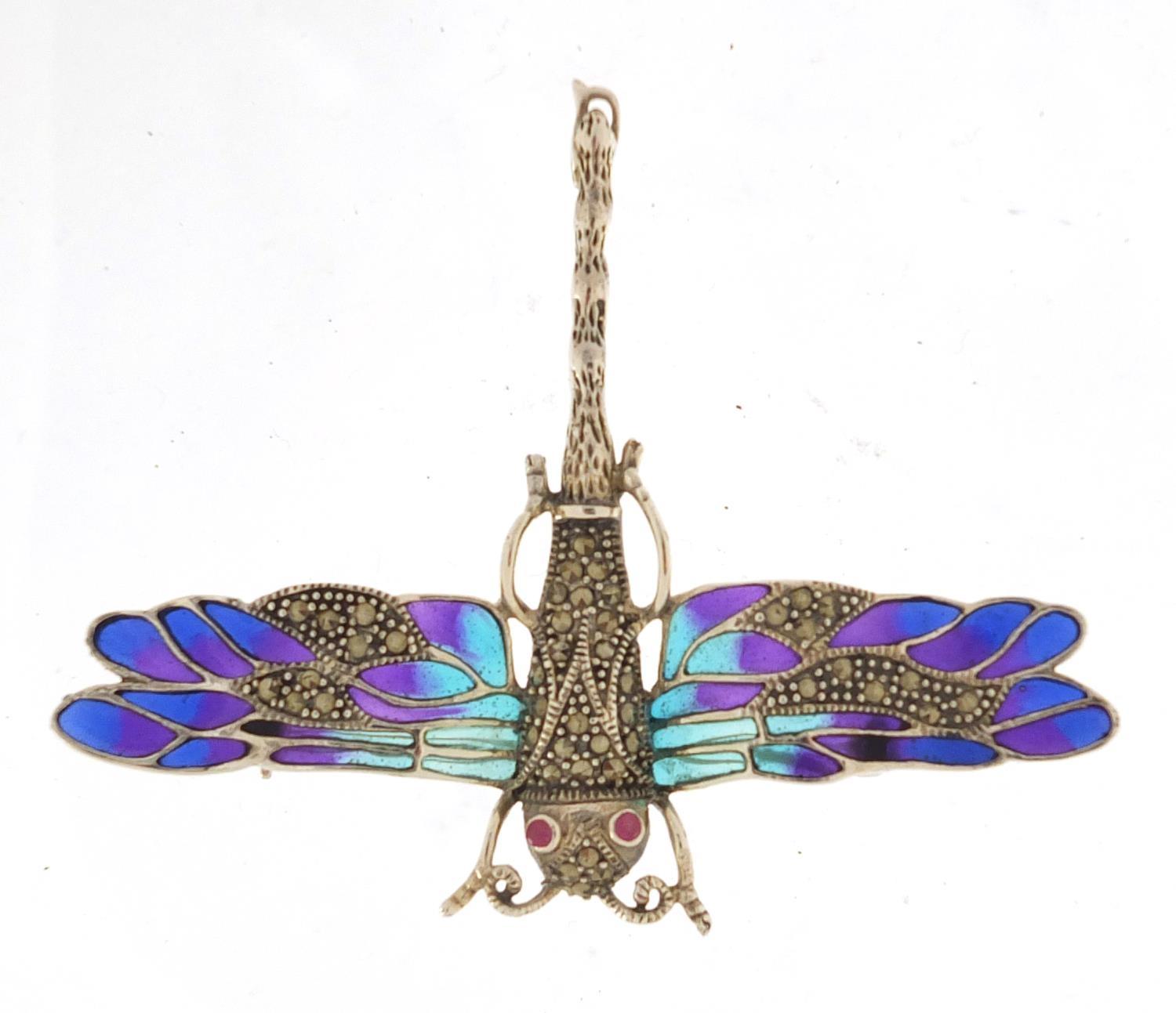 925 silver and Plique-à-jour enamel dragonfly brooch, within ruby eyes, 8cm in length, approximate