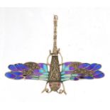 925 silver and Plique-à-jour enamel dragonfly brooch, within ruby eyes, 8cm in length, approximate