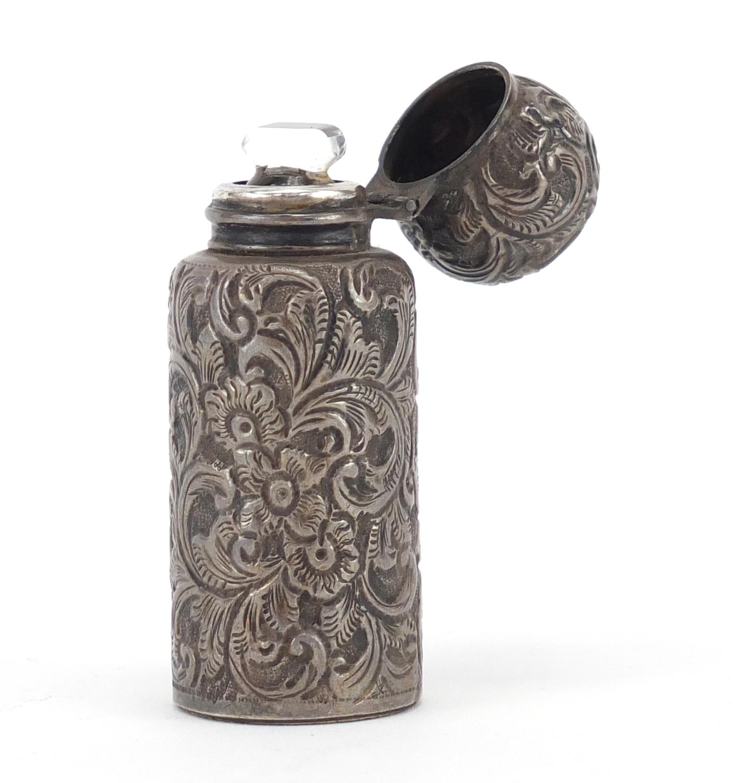 Victorian silver scent bottle embossed with flowers by C C May & Sons, Birmingham 1897, 6.8cm - Image 3 of 5