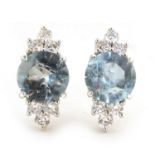 Pair of 14ct white gold aquamarine and diamond earrings, 2cm in length, approximate weight 4.2g :