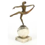 Art Deco bronzed figurine of a semi nude dancer raised on a marble base, 21cm high : For Further