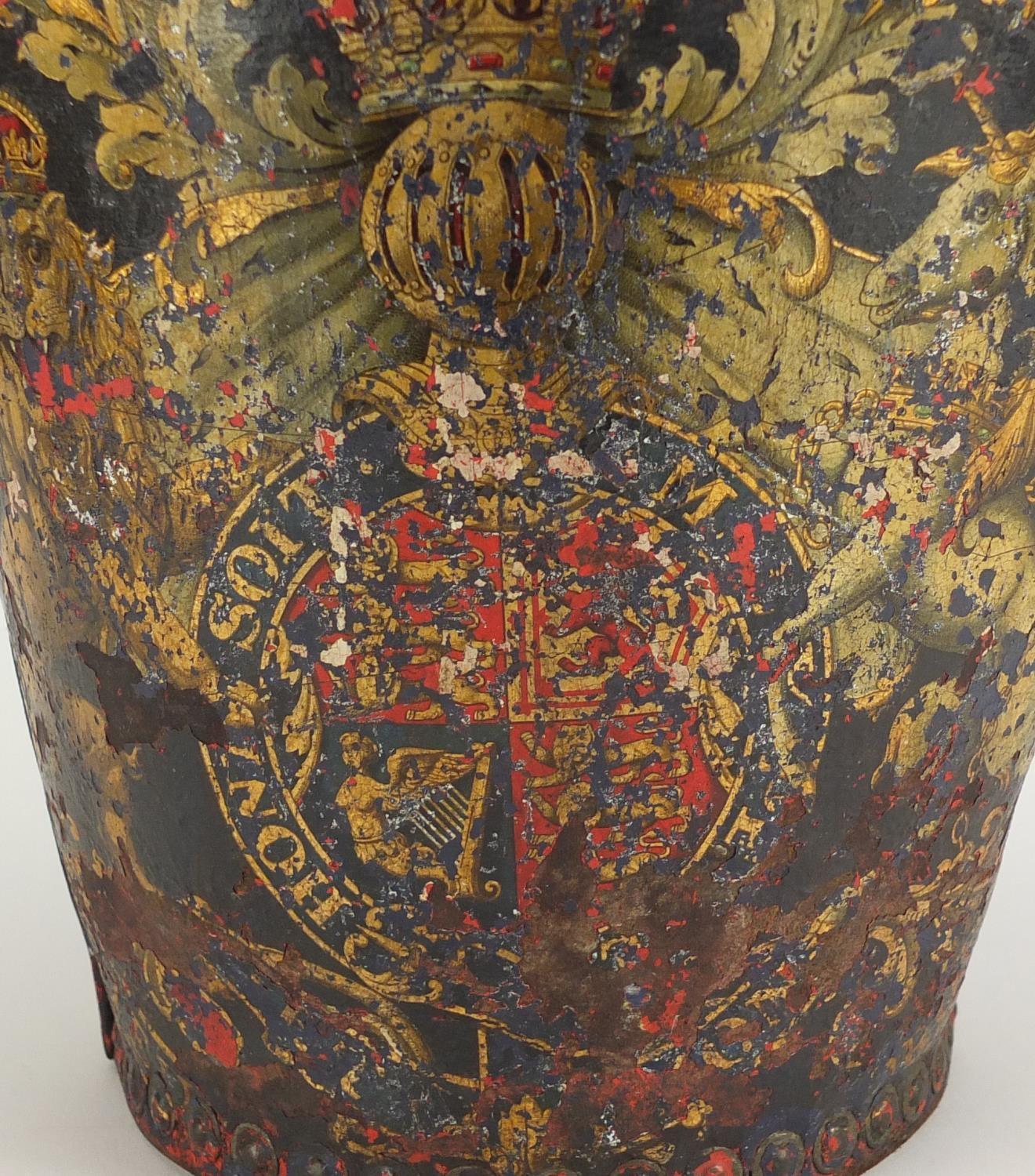 Georgian metal studded leather fire bucket, hand painted with Royal Coat of Arms, 26cm high : For - Image 2 of 6