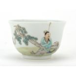 Chinese porcelain tea bowl, finely hand painted with a figure beside a pine tree and a crane, blue